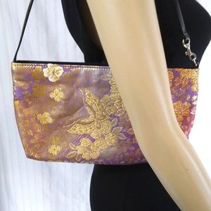 MIDORI Lavender & Golden Satin Tapestry Mini Bag Faux Leather Strap Like…